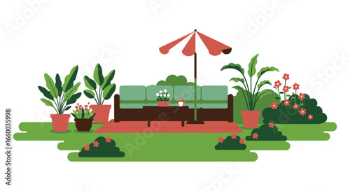 A cozy outdoor seating area with umbrella and potted plants in garden