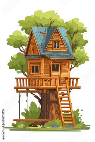 Charming Illustrative Treehouse Surrounded by Lush Greenery