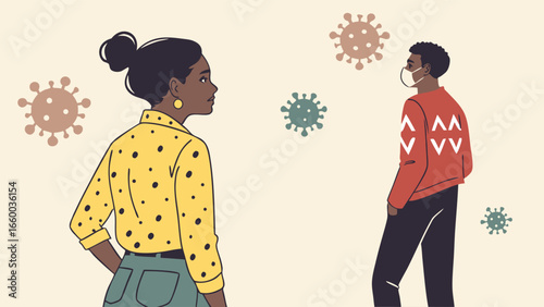 Social Distancing During Pandemic People and Coronavirus Illustration.