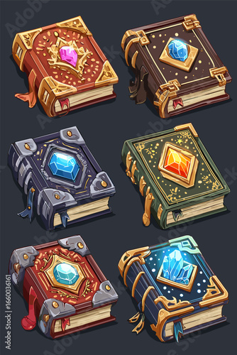 Colorful Fantasy Spellbook Collection with Gemstone Decorations