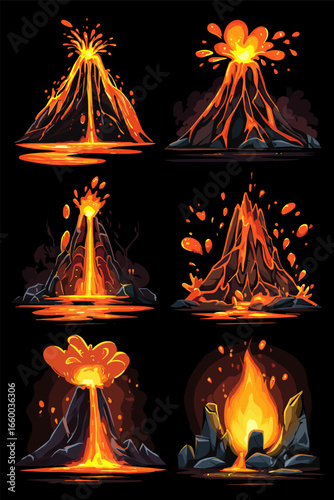 Colorful and Dynamic Cartoon Style Volcano Eruptions Illustration Set