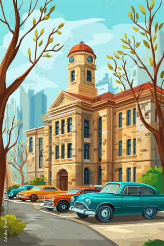 Charming Vintage Cityscape with Classic Cars and Historic Building