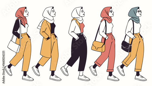 Stylish Muslim Women in Hijabs Walking Modern Fashion Illustration Diverse Outfits.
