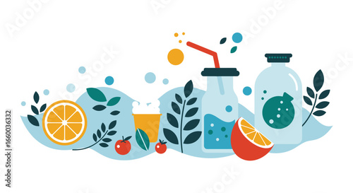 Fresh fruit and drinks illustration with bottles and glass