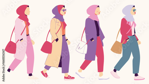Stylish Muslim Women Walking in Modern Fashion with Hijabs and Purses.