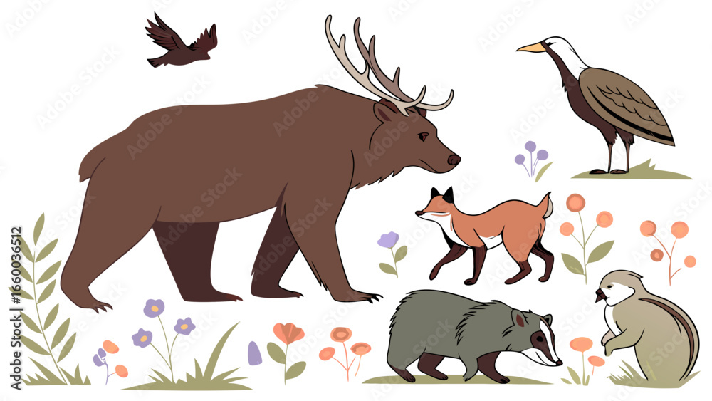Obraz premium Stylized Wildlife Illustration Featuring Deer Fox and Other Animals.