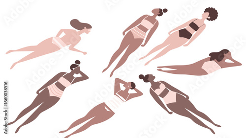 Stylized Women in Swimsuits Relaxing in Summer.