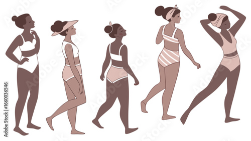 Stylized Women in Swimsuits Walking and Posing.