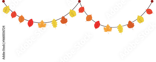 Autumn flat garland with autumn leaves. Thread with attached autumn leaves of beech, maple, ash, and other trees. Autumn garland on an isolated background. 