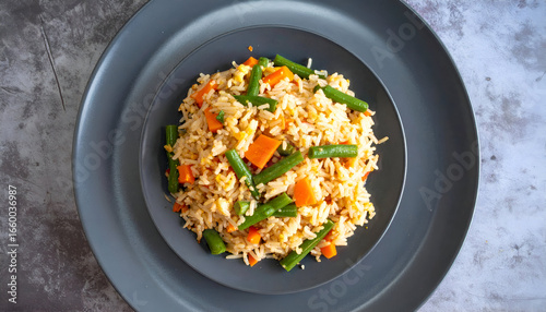 Overhead View of Fried Rice with Green Beans and Carrots on a Dark Grey Plate