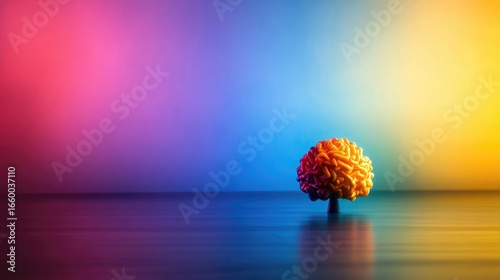 Single Tree with Ornate Foliage Illuminated by Rainbow Colored Lighting on Dark Reflective Floor Against Gradient Backdrop