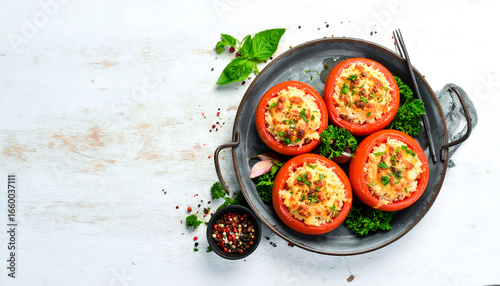 Baked Stuffed Tomatoes with Rice and Cheese Top View