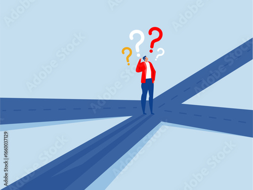 confusing businessman looking at multiple road with question mark and thinking which way to go. irection, choosing options or multiple path, make decision for career path
