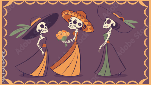 Three Calavera Catrinas in Festive Attire.
