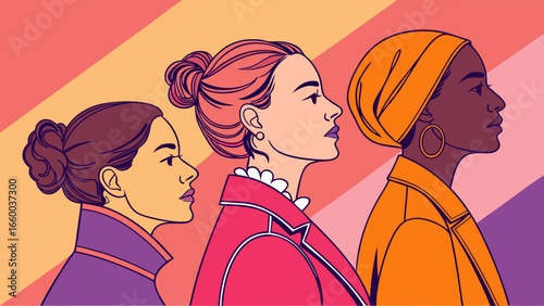 Three Diverse Women in Profile Stylish Jackets and Hair.