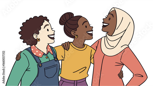 Three Diverse Women Smiling and Embracing Each Other.