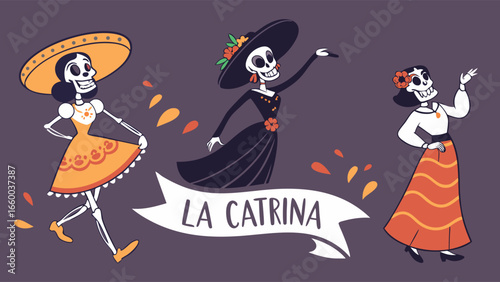 Three La Catrinas in Festive Attire for Day of the Dead.