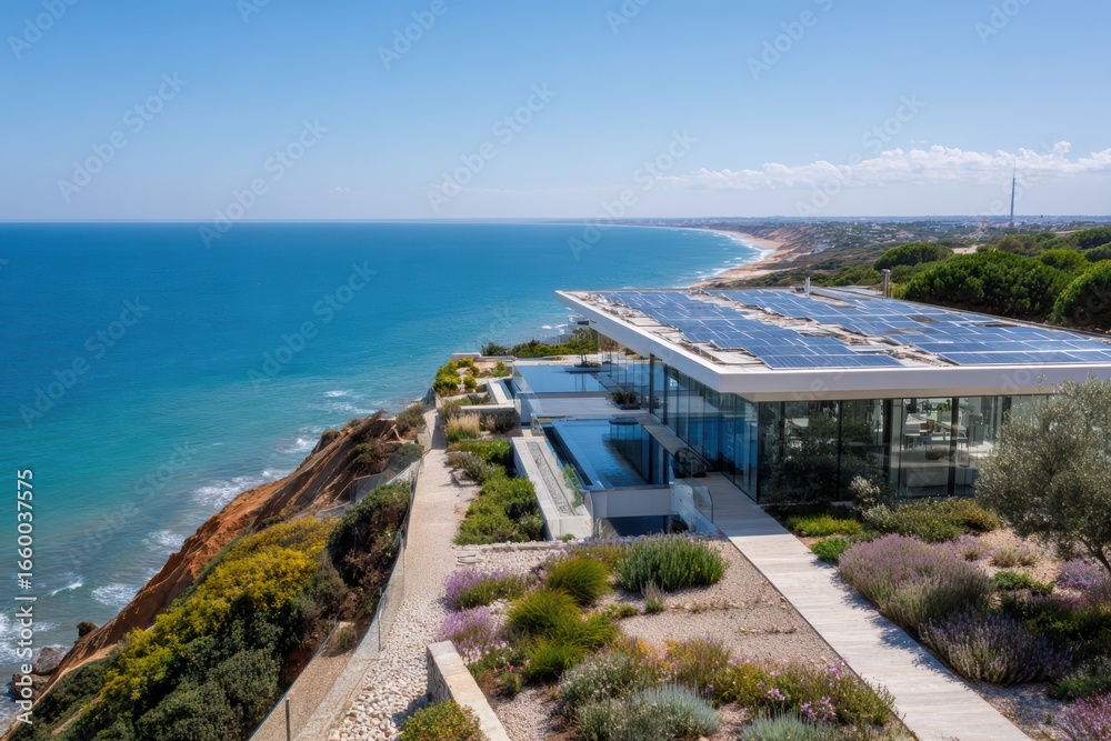Naklejka premium mansion in Portugal’s Algarve, rooftop solar panels