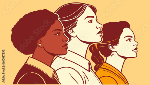 Three Women in Profile Diverse Ethnicities Strong Poses.