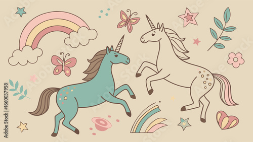 Two Cute Cartoon Unicorns with Rainbow and Stars.