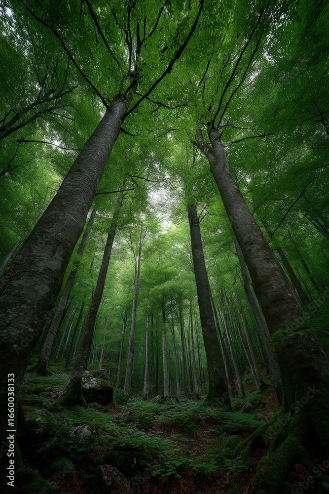Fototapeta premium Lush Green Forest Canopy with Towering Trees and Woodland Floor Ecosystem, Vertical Perspective
