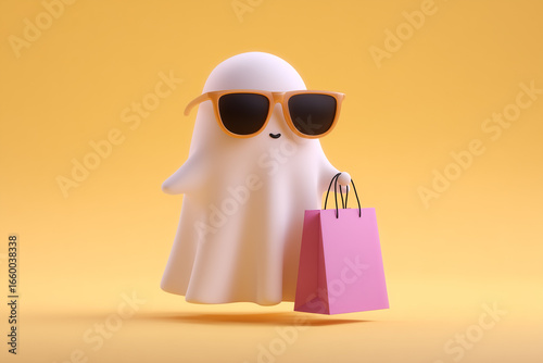 Wallpaper Mural A friendly ghost wearing sunglasses is enjoying shopping with a pink shopping bag. The cute ghost is a cartoon character that embodies the Halloween theme  Torontodigital.ca