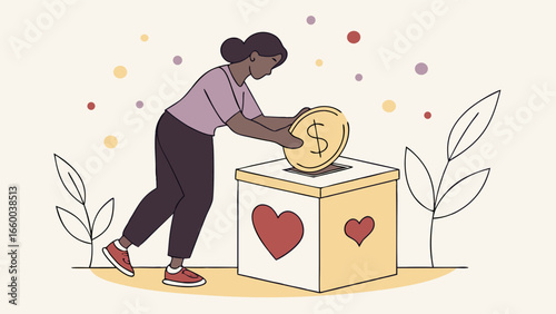 Woman Donating Coin into Charity Box Illustration.
