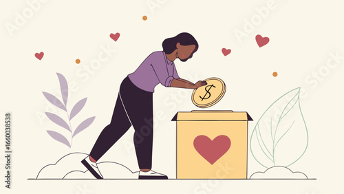 Woman Donating Money into Charity Box Illustration.