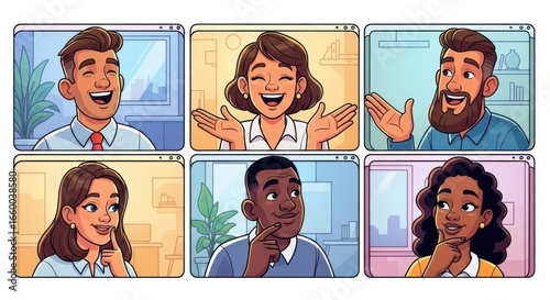 Diverse Happy People Participating in Virtual Video Conference in Bright Modern Office
