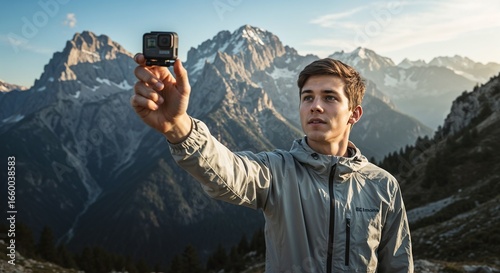 Young man holding camera and taking photo in mountainous landscape  