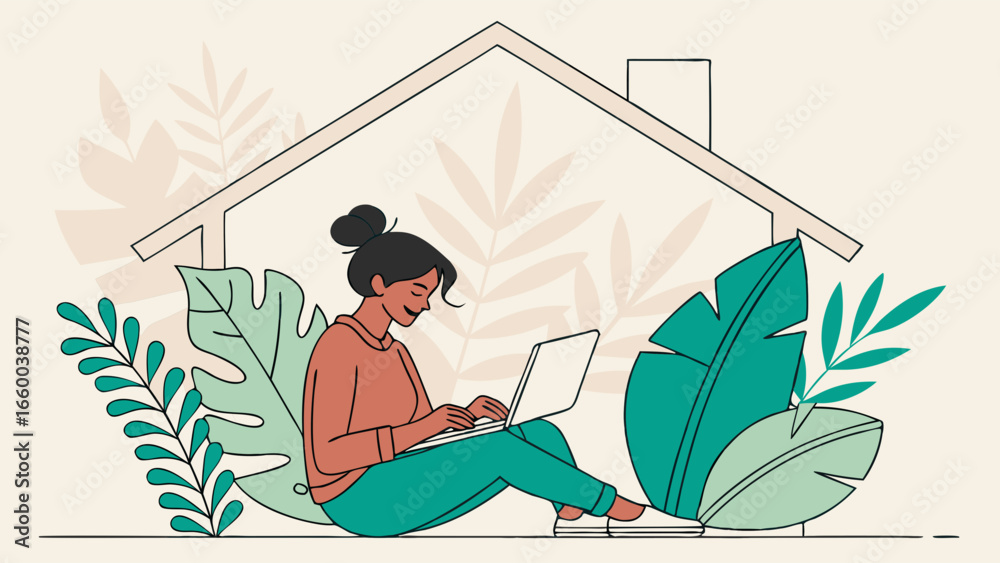 Obraz premium Woman Working on Laptop at Home Illustration.