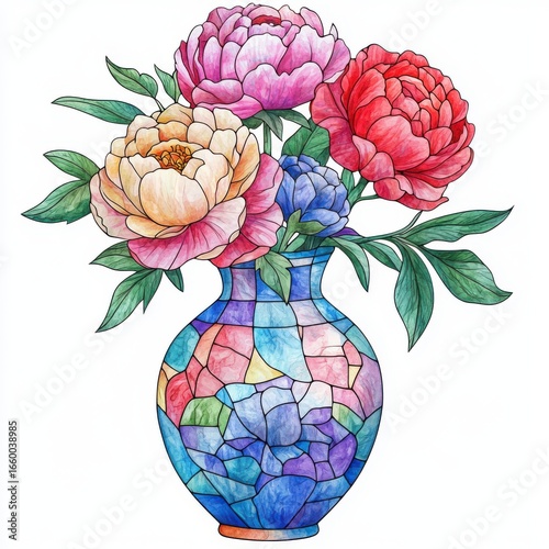Watercolor Painting of Colorful Peonies in a Mosaic Vase