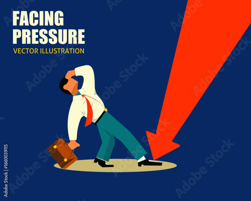 Vector illustration of a businessman struggling under pressure, holding a briefcase while a large red arrow points at him, symbolizing stress and challenges.