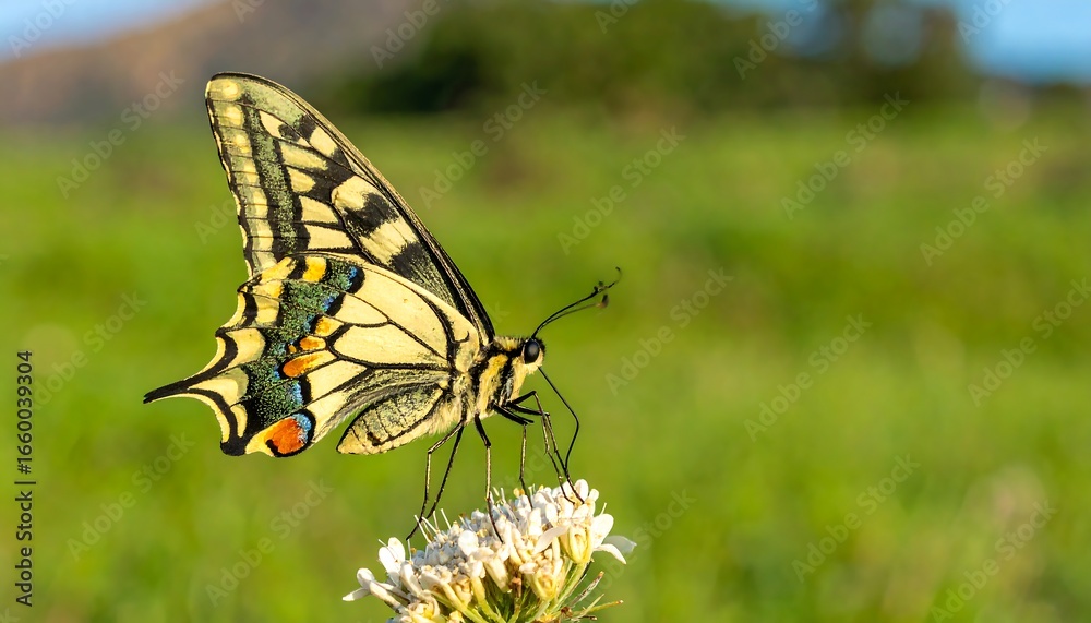 Obraz premium A striking swallowtail butterfly rests gracefully on a cluster of small white flowers, its intricate patterns and vibrant colors beautifully displayed against a blurred backdrop of lush green...