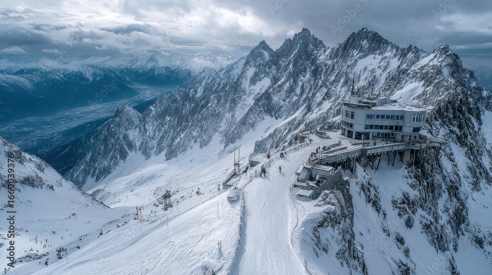 Naklejka premium Mountains covered in snow have a ski resort beneath them, all beneath a dramatic, cloudy sky, embodying the idea of scenic winter holiday spots.