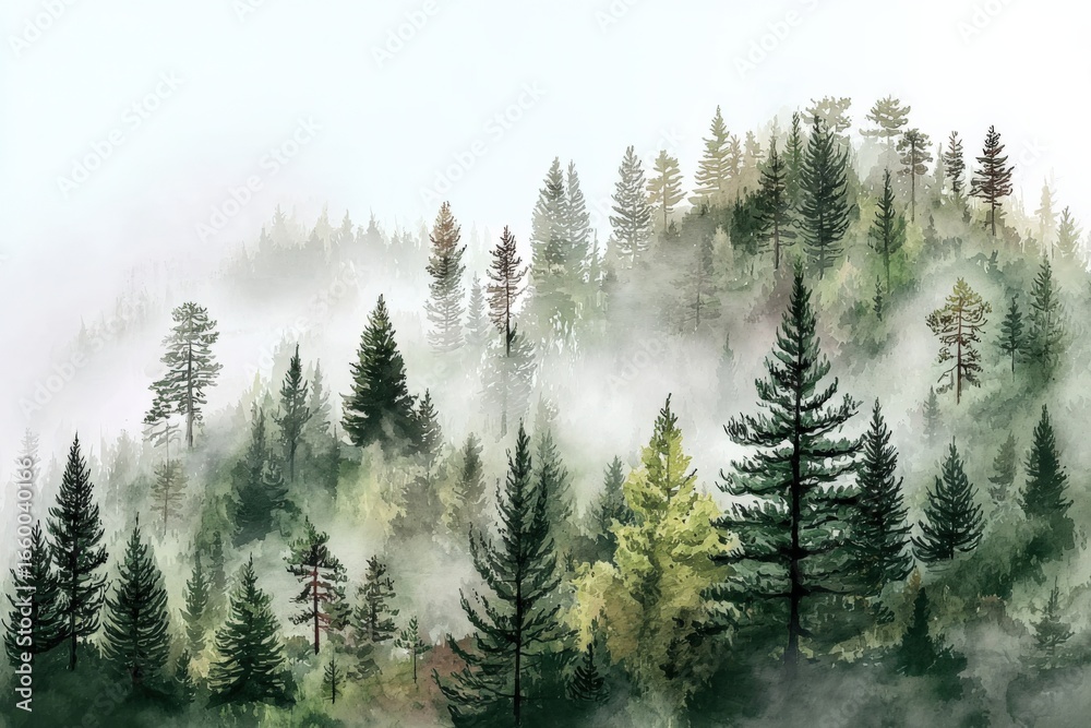 Obraz premium Misty Forest Landscape with Evergreen Trees, Creating a Serene and Atmospheric Nature Scene