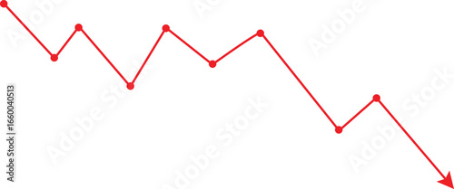 Red downward arrow chart symbol showing decline, loss, drop, and decrease. Ideal for financial reports, stock market analysis, and business presentations. Clean vector with modern design.