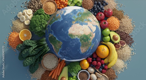 Earth globe surrounded by various fresh foods, sustainable eating concept, World Food Day poster