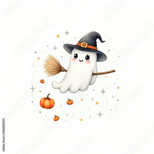 Cute ghost character with witch hat flying on broomstick among pumpkins and stars during Halloween season