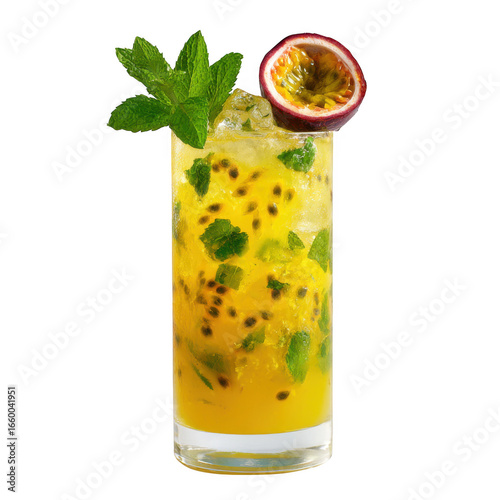 Refreshing passion fruit mojito cocktail isolated on transparent background
