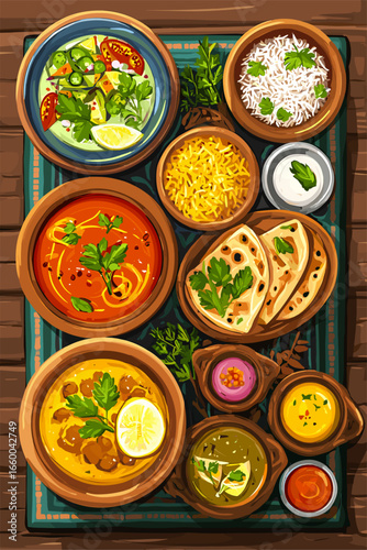 Delicious Indian Cuisine: A Vibrant Platter of Traditional Dishes and Accompaniments