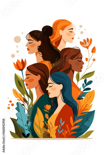 Diverse Women Profile Silhouettes Surrounded by Vibrant Flora