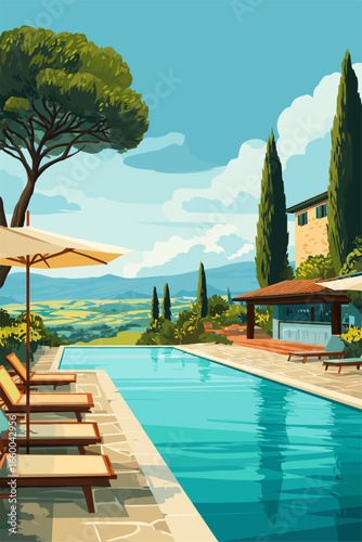Sunny Poolside Retreat in a Scenic Landscape with Lush Greenery