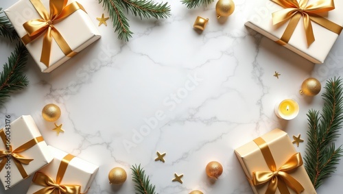 Festive season arrangement of elegantly wrapped gifts and decorative elements on a marble background in warm light
