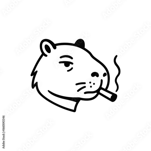 Vector illustration depicting a capybara smoking a cigarette with a relaxed expression. Simple black and white design capturing a unique, quirky moment with an animal character.