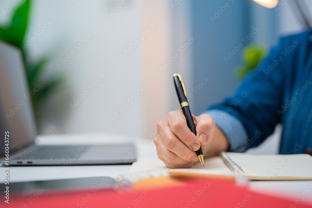 Fototapeta premium An elderly woman is calculating household income and expenses, working on a laptop.