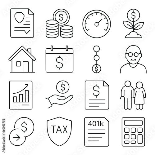 Financial icons set featuring budget, investment, tax, retirement, and savings themes