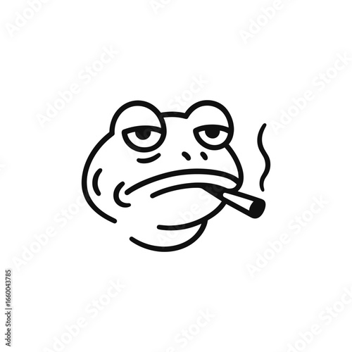 Humorous black and white line art illustration of a relaxed frog with a cigarette, drawn in a simple minimalist cartoon style. Clean outline design with expressive facial features, isolated on a light