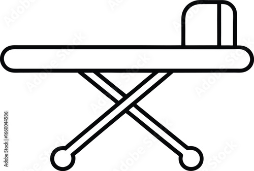 A simple black and white line drawing of a medical stretcher or gurney with wheels and a headrest, isolated on transparent background
