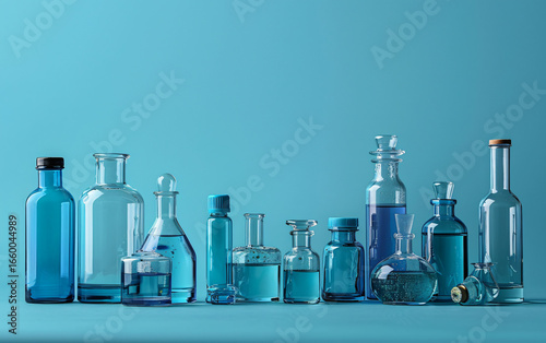 Diverse collection of crystal bottles and flasks arranged on a bright blue surface in a modern laboratory environment